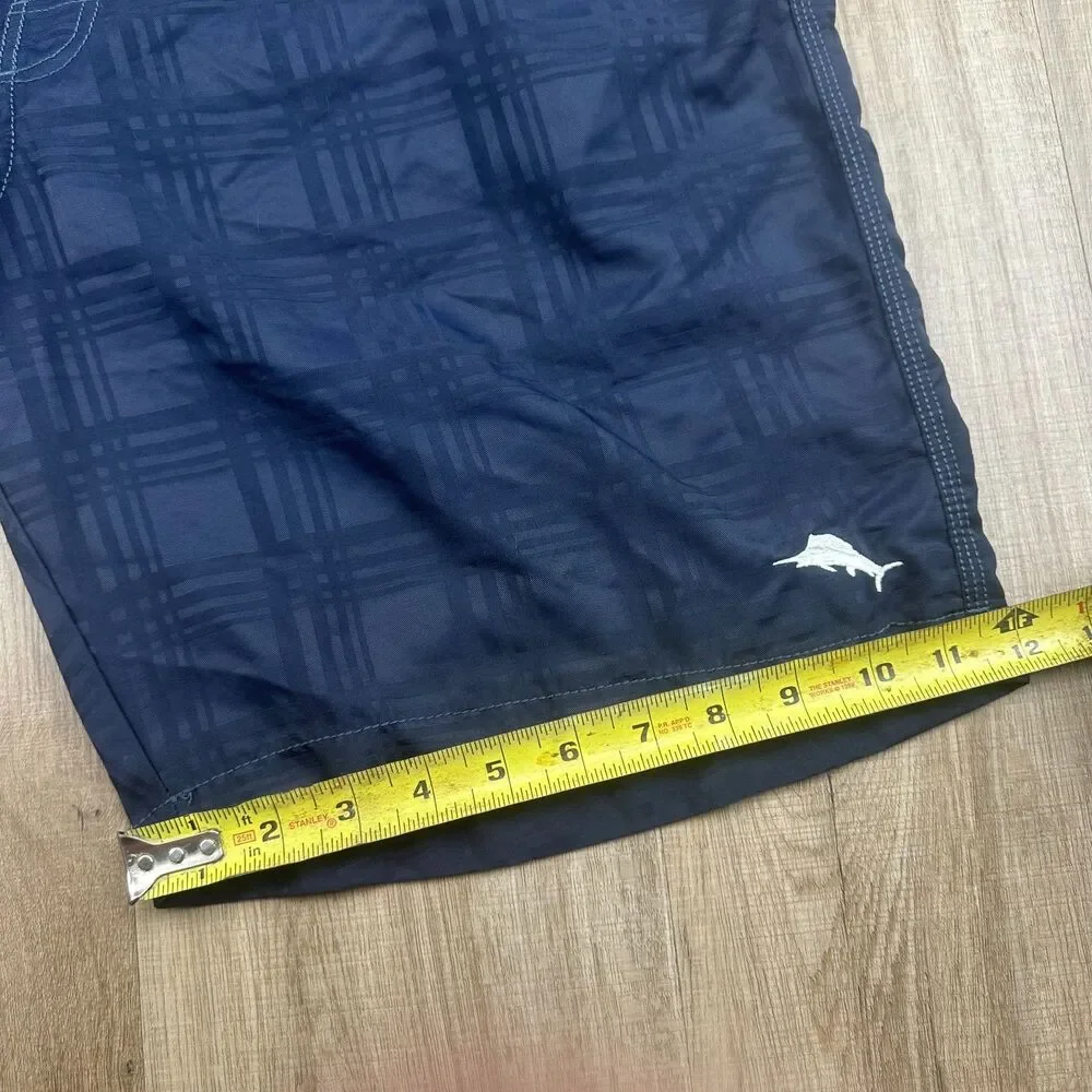 Tommy Bahama Relax Men's XL Navy Blue Plaid Zip Tie Pockets Board Shorts